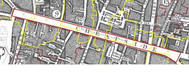 An area of Cheapside with street x parish polygons centres shown